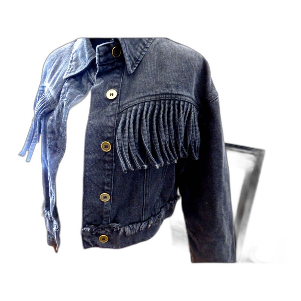 Wild Honey Women's Western Denim Cropped Fringe Jacket Black S EUC - Picture 3 of 9